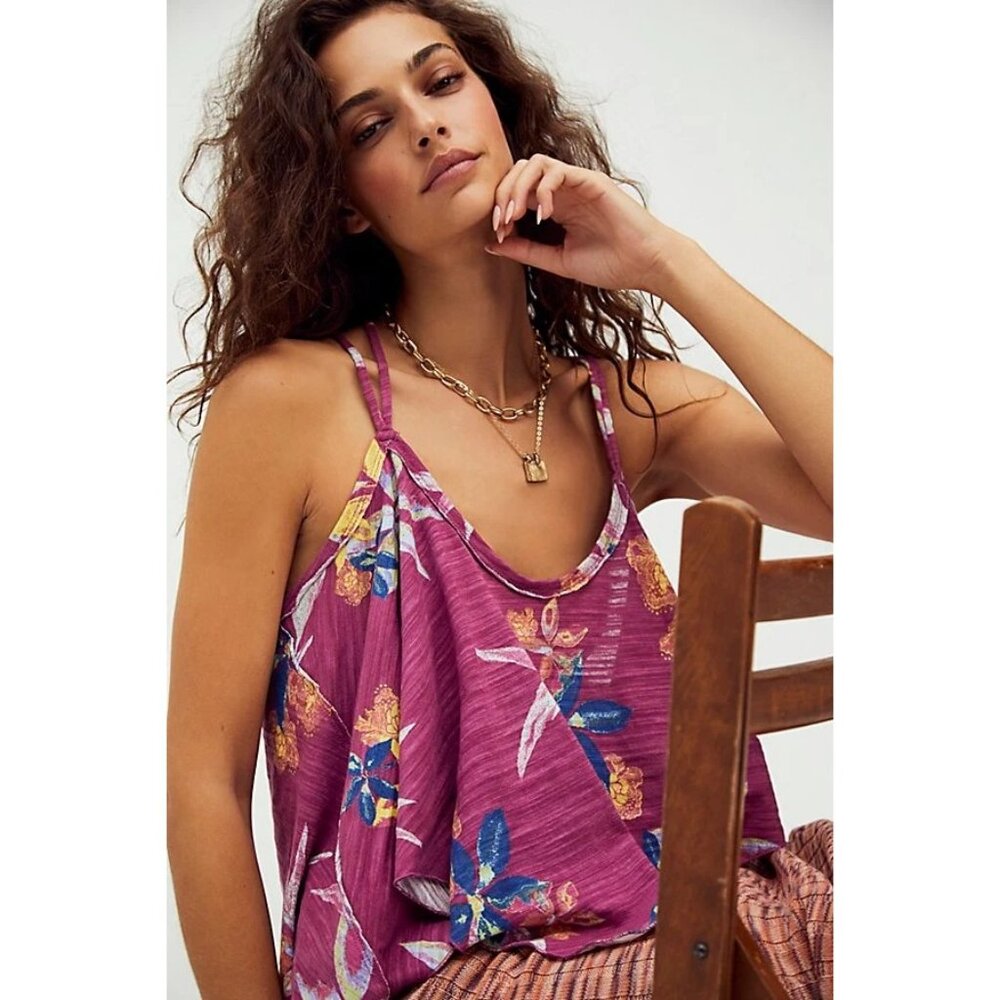 We The Free Hey Girl Tank Top S Purple Floral Print Crop Swing Tank Cotton Top